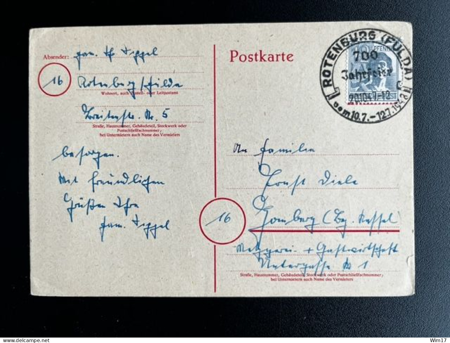 GERMANY 1947 POSTCARD ROTENBURG TO GAMBURG? 20-10-1947 DUITSLAND DEUTSCHLAND - Entiers Postaux