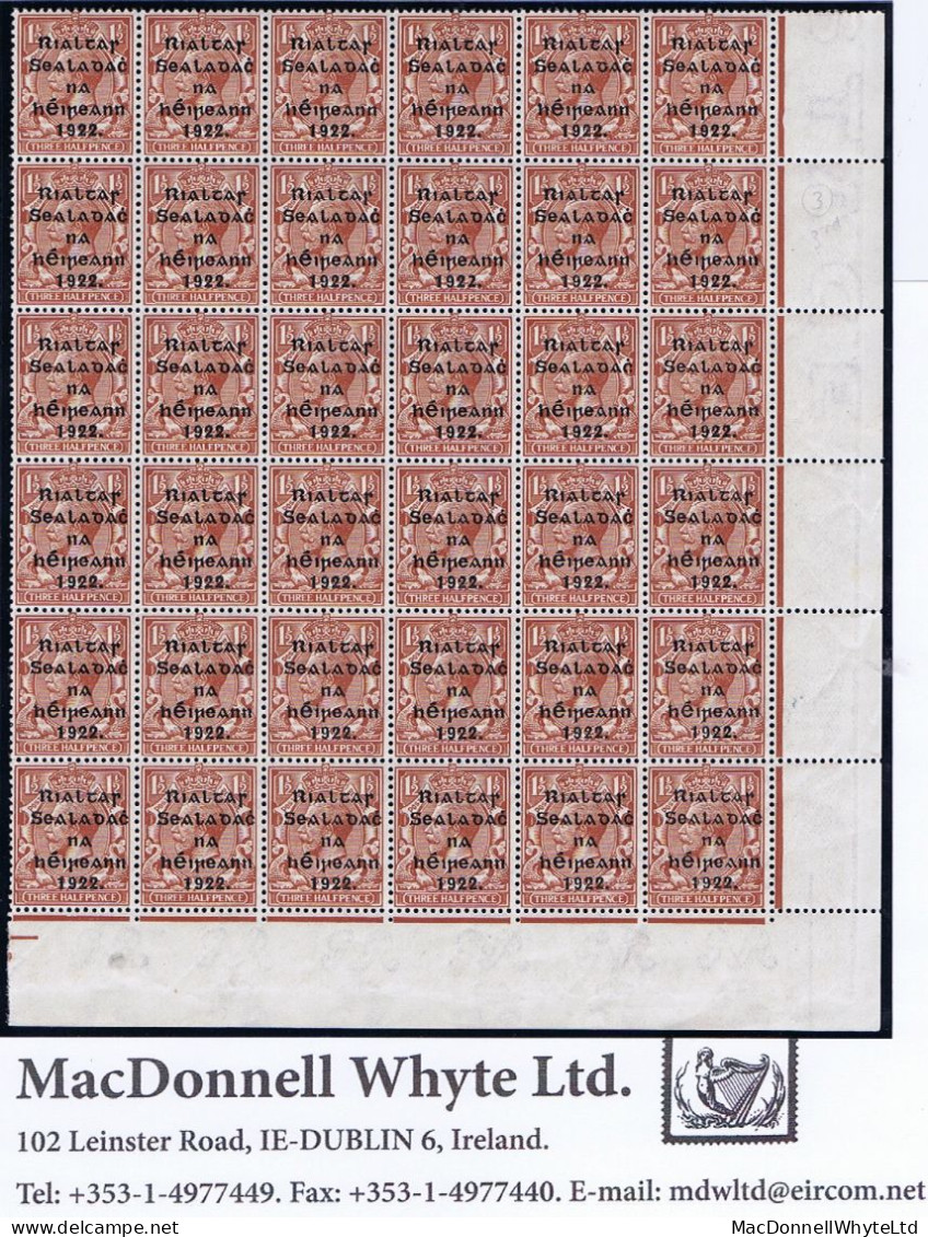 Ireland 1922 (Nov-Dec) Thom Rialtas 5-line Wide Overprint, 1½d Brown, Lower Right Corner Block Of 36 Mint Unmounted - Neufs