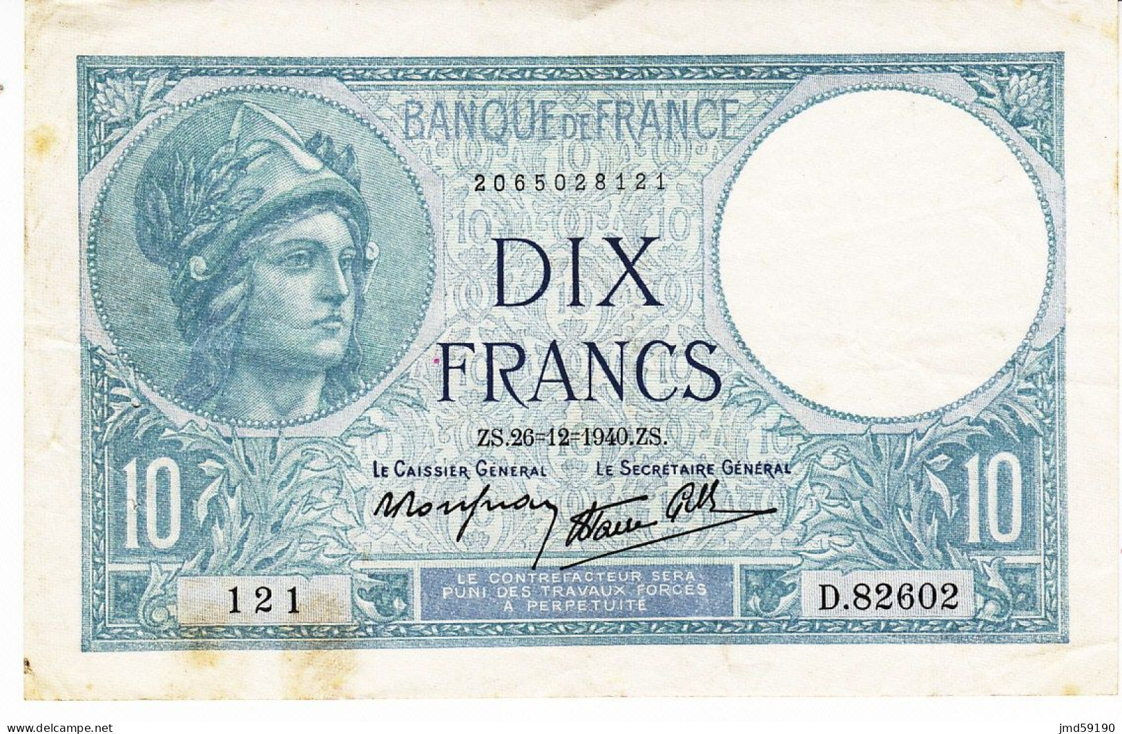 FRANCE - 10 Francs MINERVE Du 26/12/1940 -   121 D.82602  -  N°2065028121 - 10 F 1916-1942 ''Minerve''