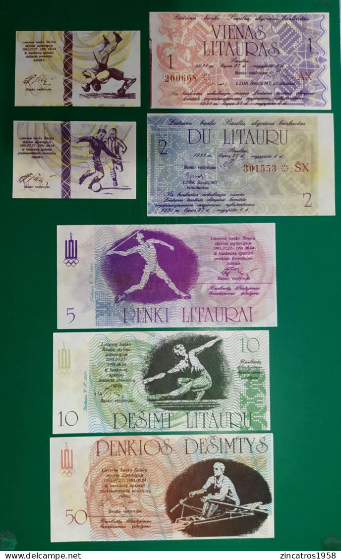 Lithuania / Complete Set Collection Olympic Banknotes 1991 / 10 + 50 Centauru / 1 + 3 + 5 + 10 + 50 Litauru UNC ++ - Litauen