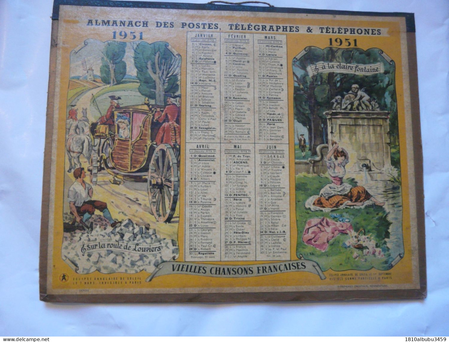 RARE - VIEUX PAPIERS - ALMANACH Des Postes, Télégraphes & Téléphones 1951 - Vieilles Chansons Françaises - Tamaño Grande : 1941-60