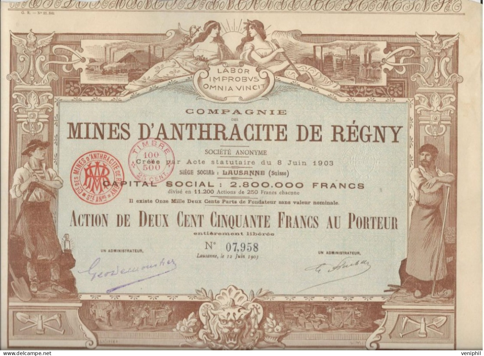 COMPAGNIE DES MINES D'ANTHRACITE DE REGNY  -LOIRE-SIEGE SOCIAL :LAUSANNE SUISSE - SUPERBE ACTION DE 250 FRS .ANNEE 1903 - Mijnen