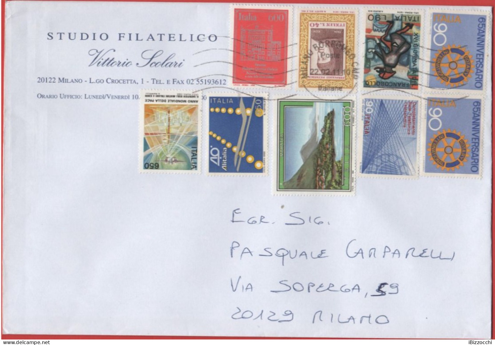 ITALIA - Storia Postale Repubblica - 2011 - 9 Francobolli Dal 1974 Al 1994 - Studio Filatelico Scolari Vittorio - Viaggi - 2011-20: Poststempel