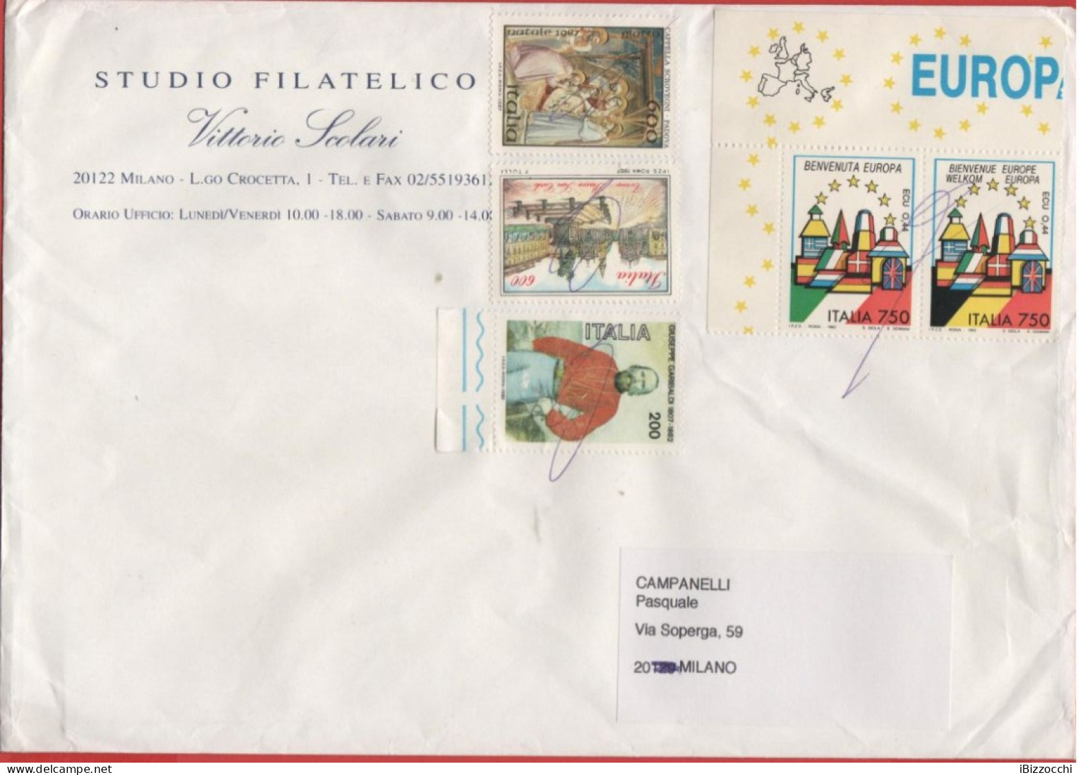 ITALIA - Storia Postale Repubblica - 2011 (Annullo A Penna) - 5 Francobolli Dal 1982 Al 1993 - Studio Filatelico Scolari - 2011-20: Marcophilia
