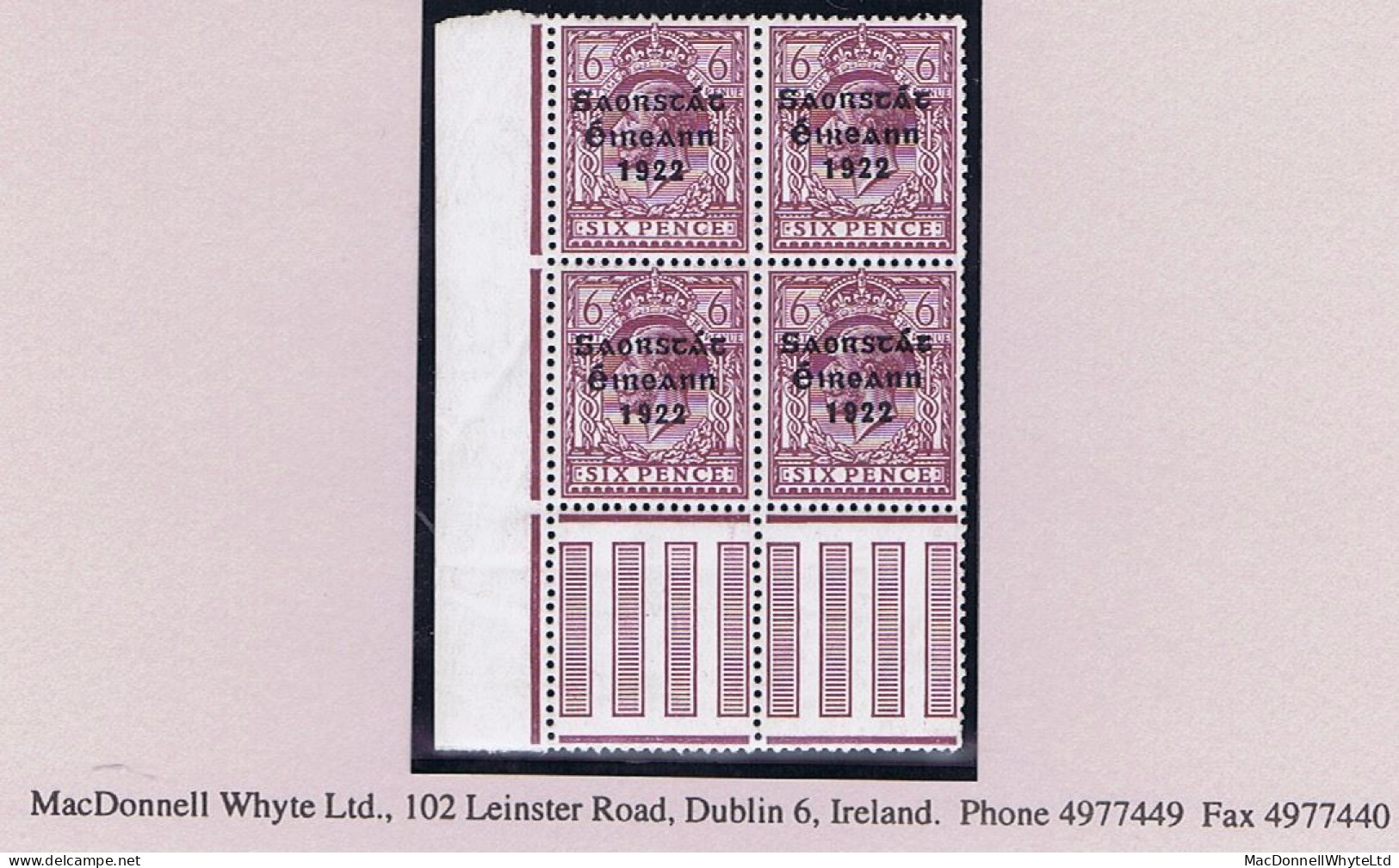 Ireland 1922-23 Thom Saorstát 3-line Overprint In Blue-black On 6d Purple Corner Block Of 4 Fresh Mint - Unused Stamps