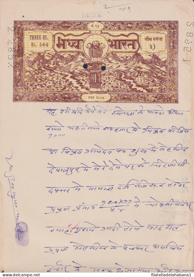 F-EX47223 INDIA REVENUE SEALLED PAPER FREEDOM STATE. 3 RUPEE.  - Autres & Non Classés