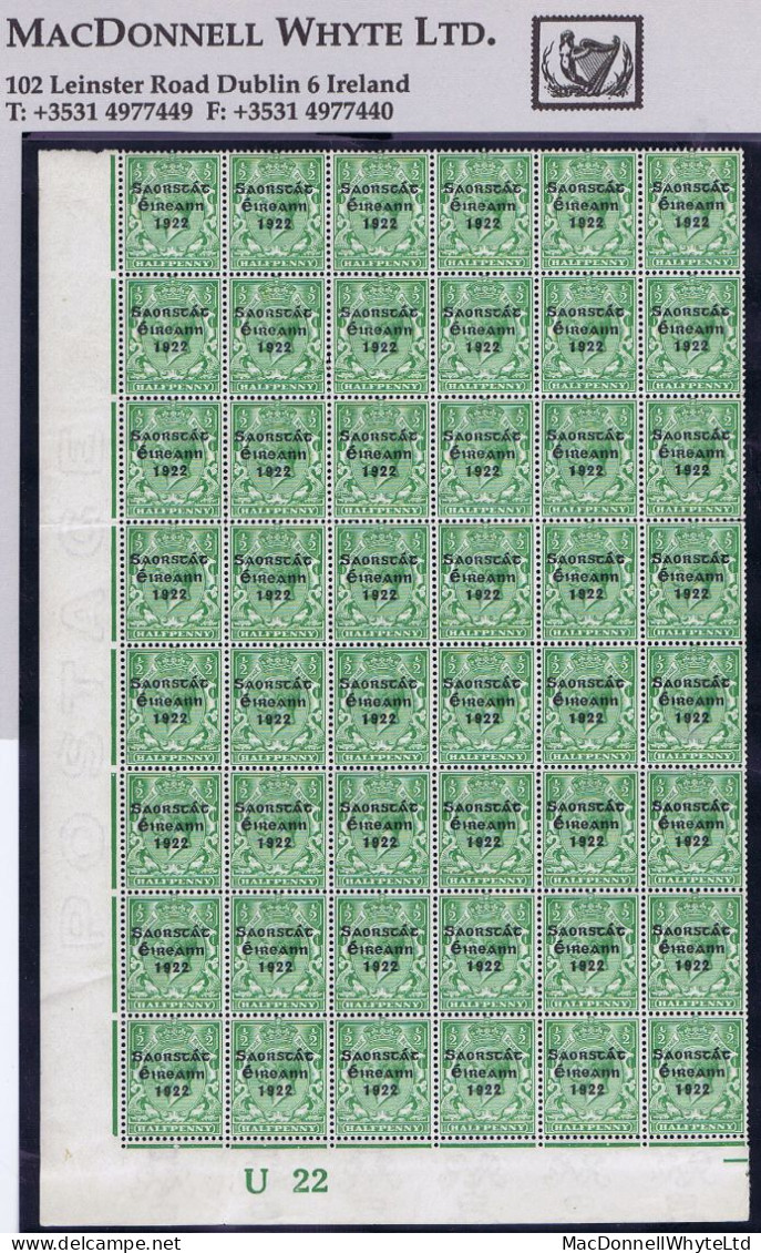 Ireland 1922-23 Thom Saorstát 3-line Overprint In Blue-black On ½d Green Corner Block Of 48 Control U22 Imperf Plate 2 - Ungebraucht