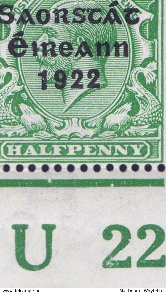 Ireland 1922-23 Thom Saorstát 3-line Overprint In Blue-black On ½d Green Corner Block Of 48 Control U22 Imperf Plate 2 - Ungebraucht