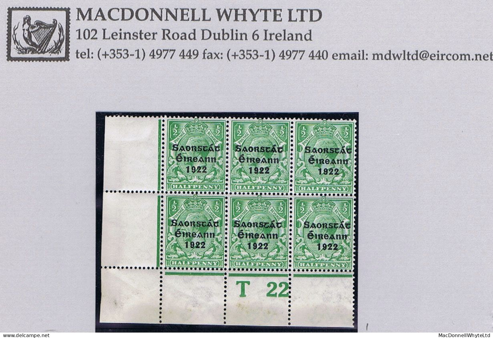 Ireland 1922-23 Thom Saorstát 3-line Overprint In Blue-black On ½d Green Corner Block Of 6 Control T22 Perf Plate 4 - Ongebruikt