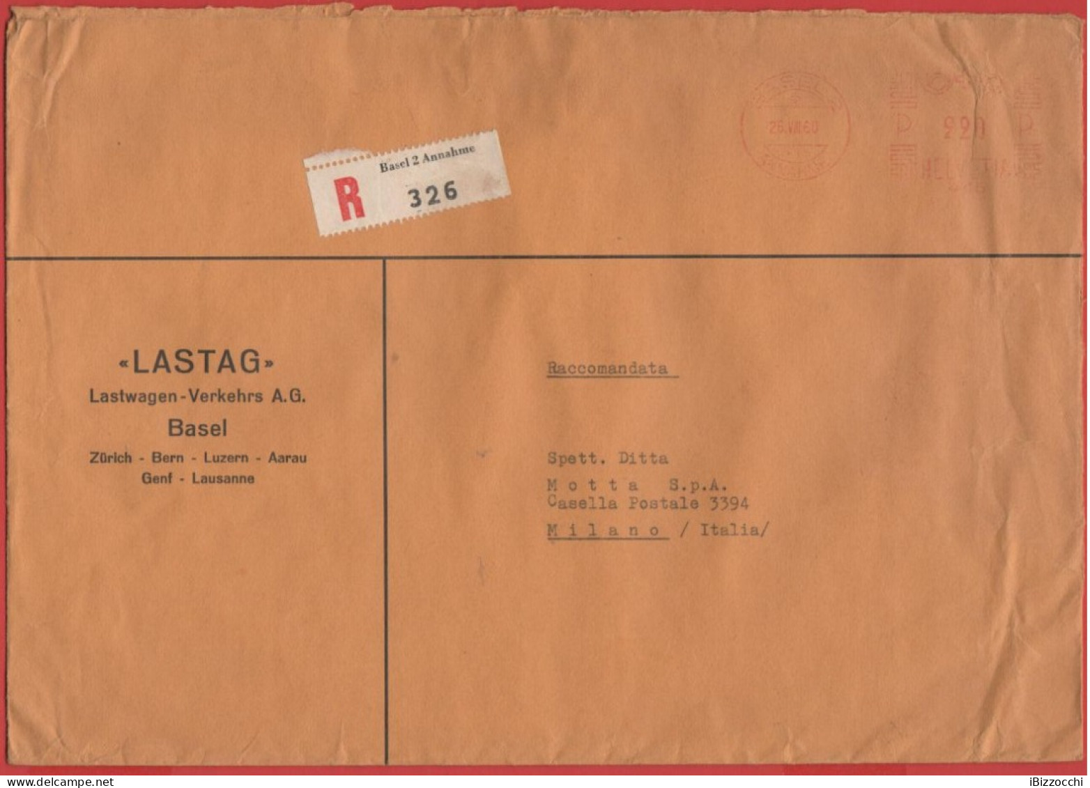 SVIZZERA - SUISSE - HELVETIA - 1960 - 220 EMA,Red Cancel - Registered - LASTAG - Viaggiata Da Basel Per Milano, Italy - Affrancature Meccaniche