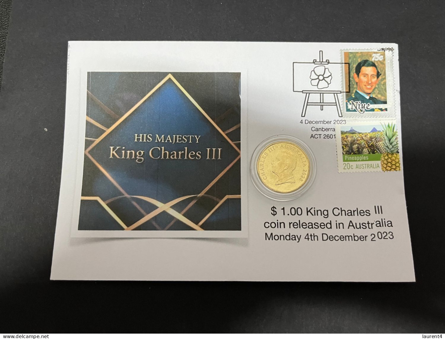 (17-12-2023) (2 W 22) $ 1.00 King Charles III New $ 1.00 Australian Coin (released 4-12-2023) Prince Charles Niue Stamp - Dollar