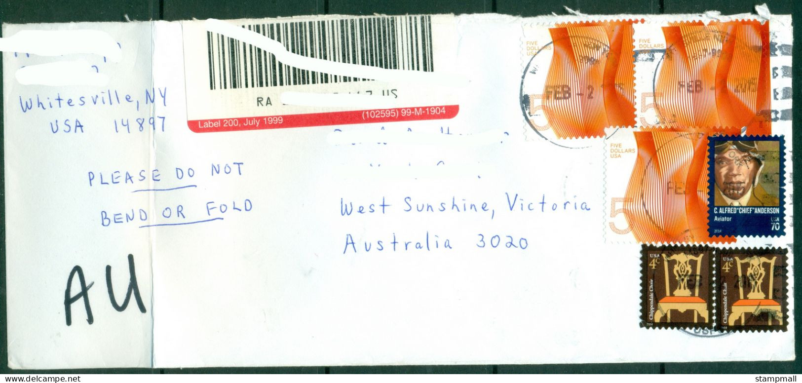 USA 2015 $5 Waves High Value On Registered Cover To Australia (folded) - Lettres & Documents