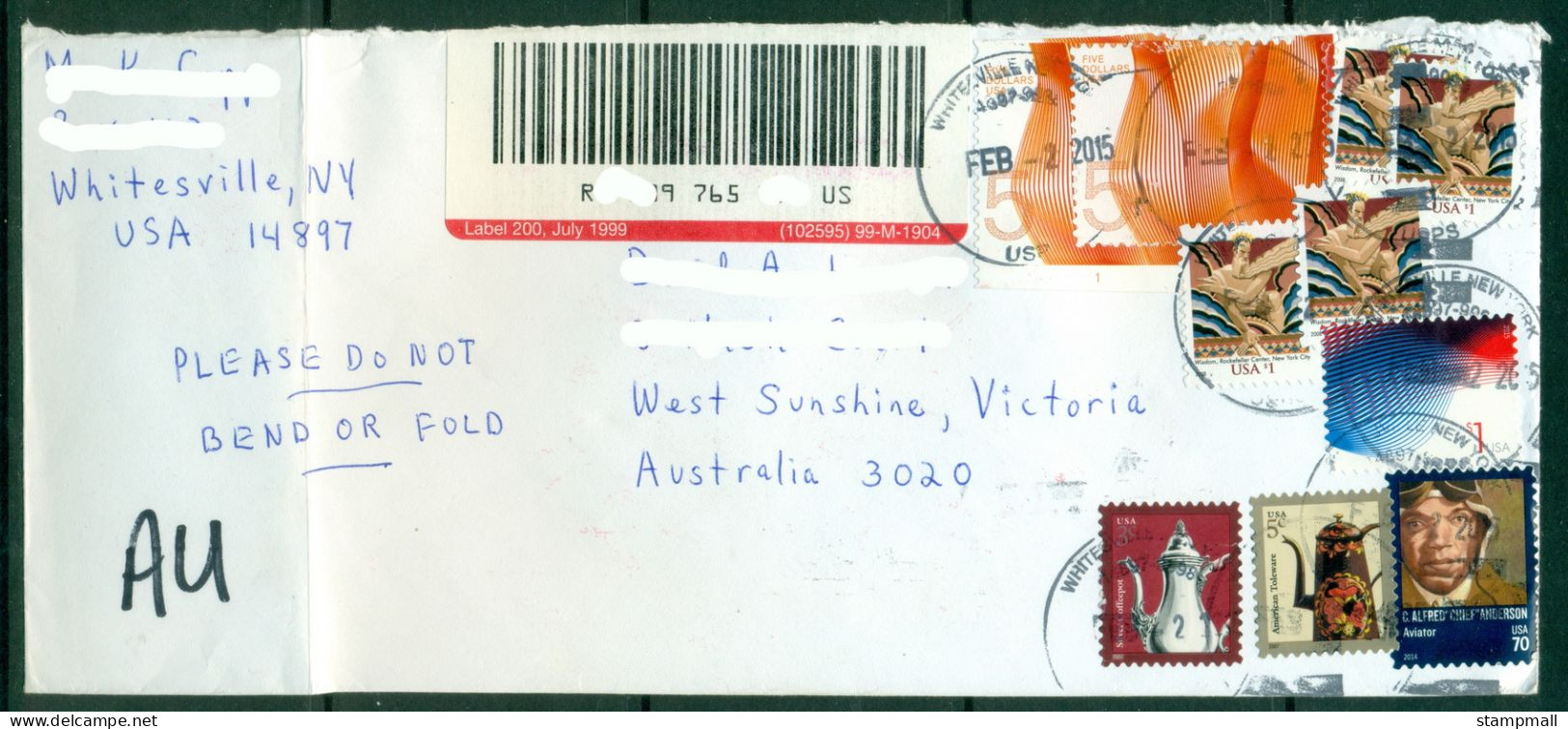 USA 2015 $5 Waves High Value On Registered Cover To Australia (folded) - Briefe U. Dokumente