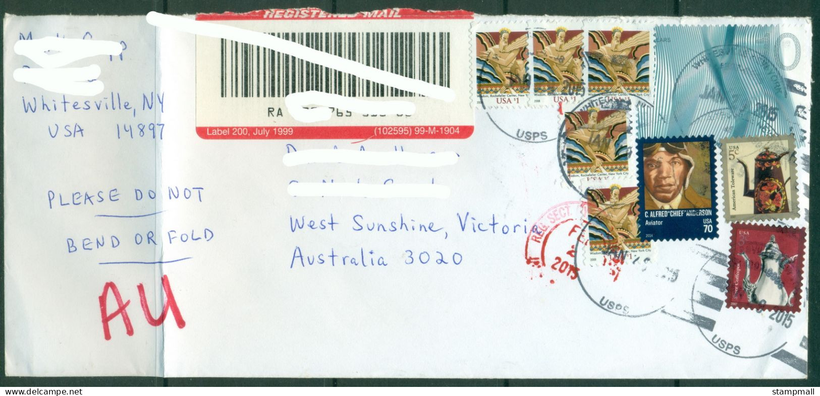 USA 2015 $10 Waves High Value On Registered Cover To Australia (folded) - Cartas & Documentos