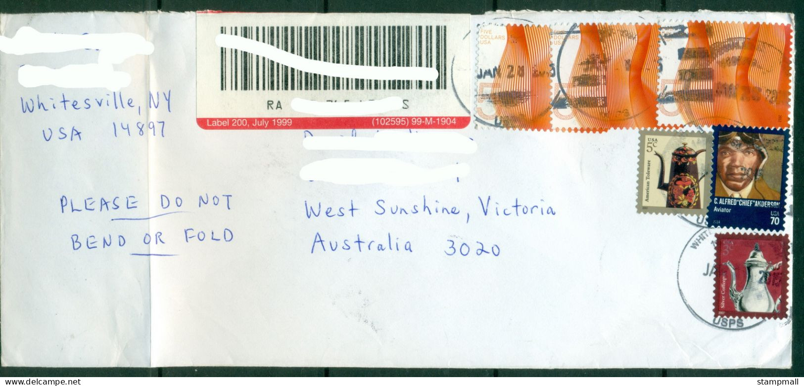 USA 2015 $5 Waves High Value On Registered Cover To Australia (folded) - Covers & Documents