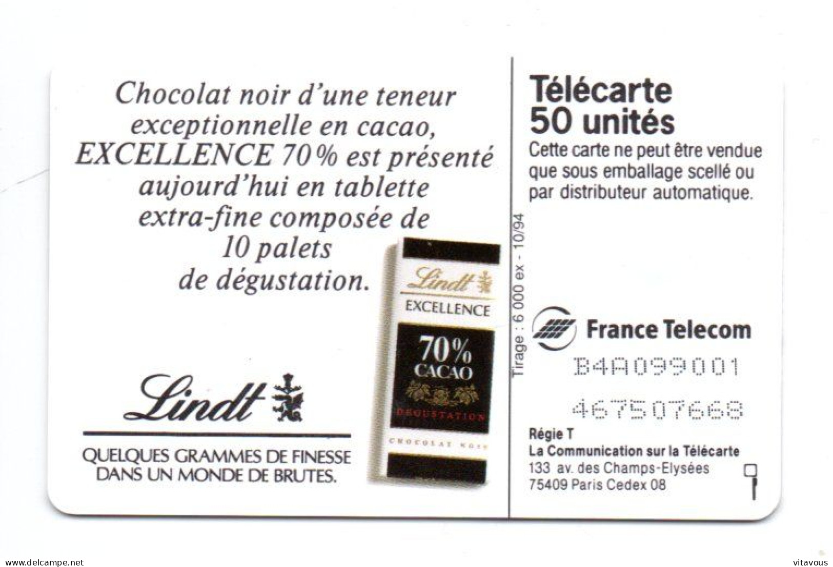 En 1035 LINDT Excellence Chocolat Télécarte FRANCE 50 Unités Phonecard  (F 429) - 50 Einheiten