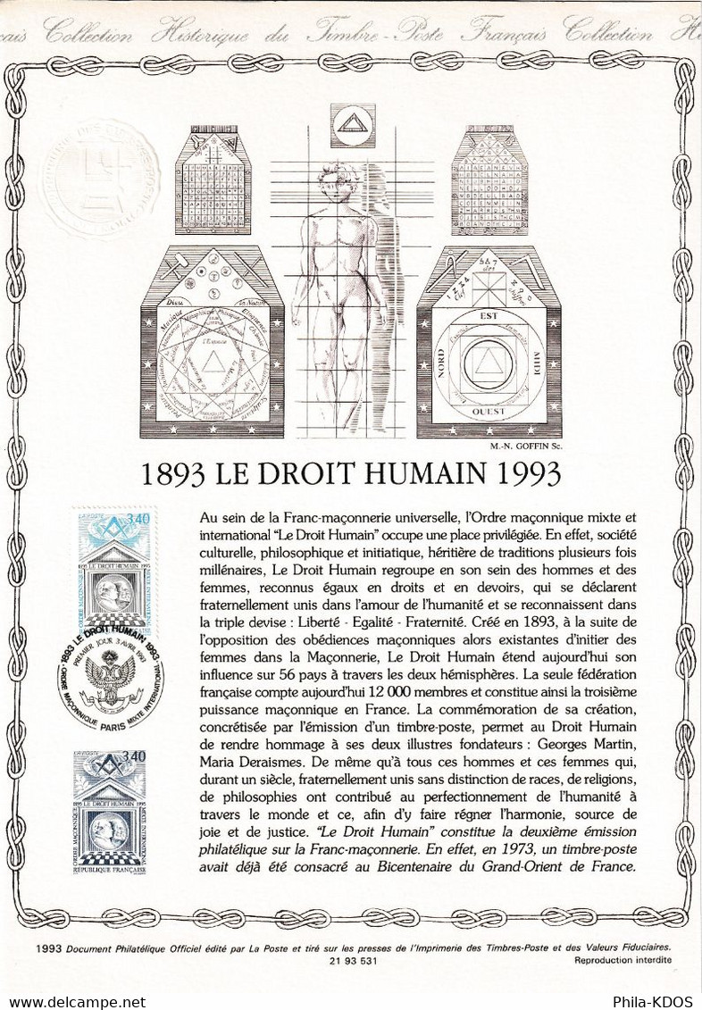 " 100 ANS DU DROIT HUMAIN / ORDRE MACONNIQUE MIXTE INTERNATIONAL " Sur Document Philatélique De 1993 N°YT 2796 DPO - Freemasonry