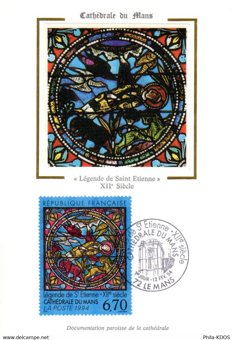 " VITRAIL DE LA CATHEDRALE DU MANS (72) " Sur Carte Maximum Sur Soie De 1994 N° 2859 Parfait état CM - Glas & Fenster