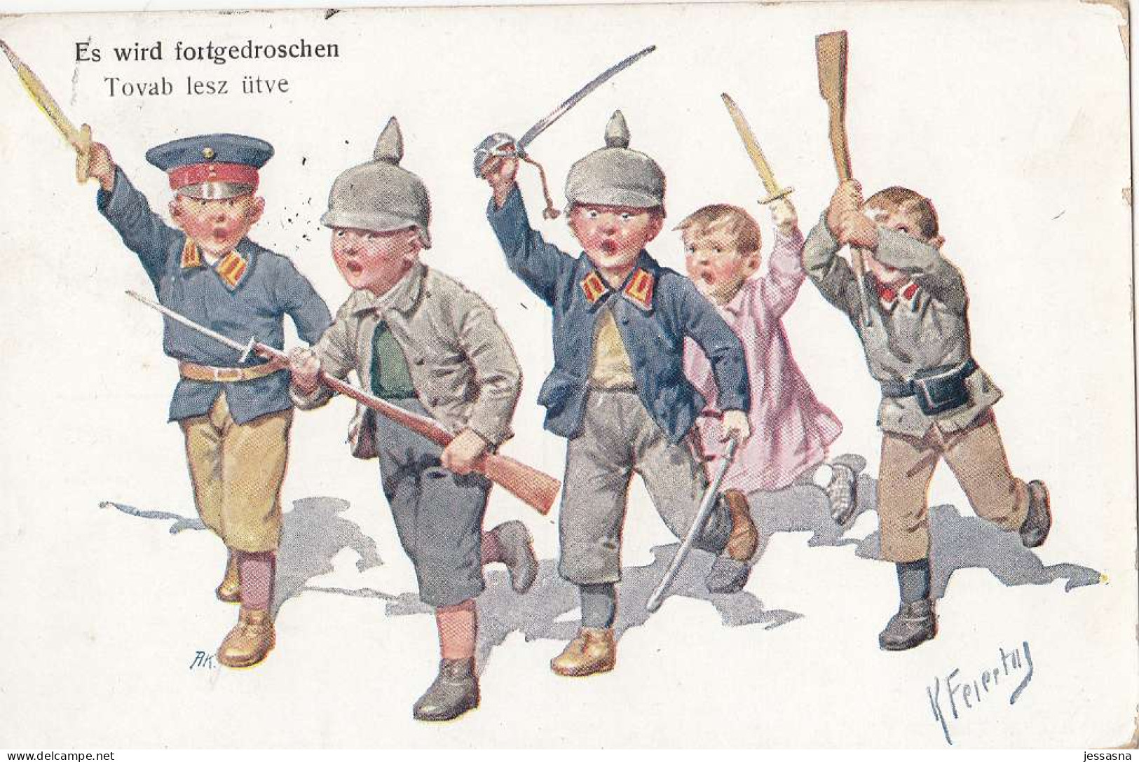 Künstler AK - (K. Feiertag) I. WK - Kinder Spielen Krieg - Es Wird Fortgedroschen 1915 - Feiertag, Karl