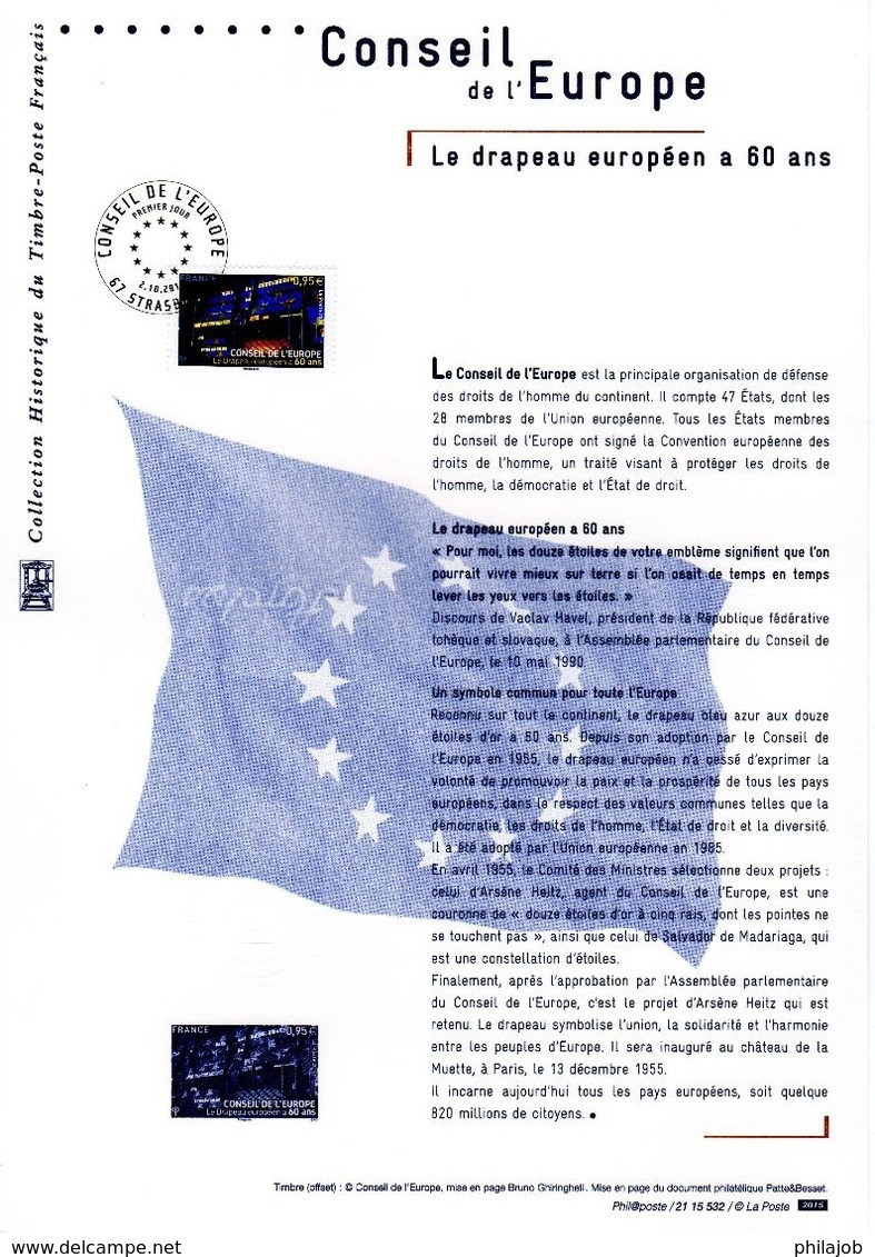 " CONSEIL DE L'EUROPE : 60 ANS DU DRAPEAU " Sur Document Philatélique Officiel De 2015  N° YT SERV 163. Parfait état DPO - Other & Unclassified