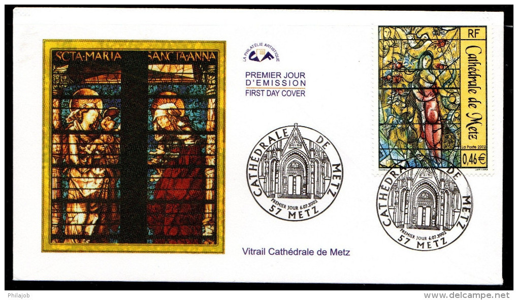 " VITRAIL DE LA CATHEDRALE DE METZ " Sur Enveloppe 1er Jour De 2002. N° YT 3498. Parfait état. FDC - Glasses & Stained-Glasses