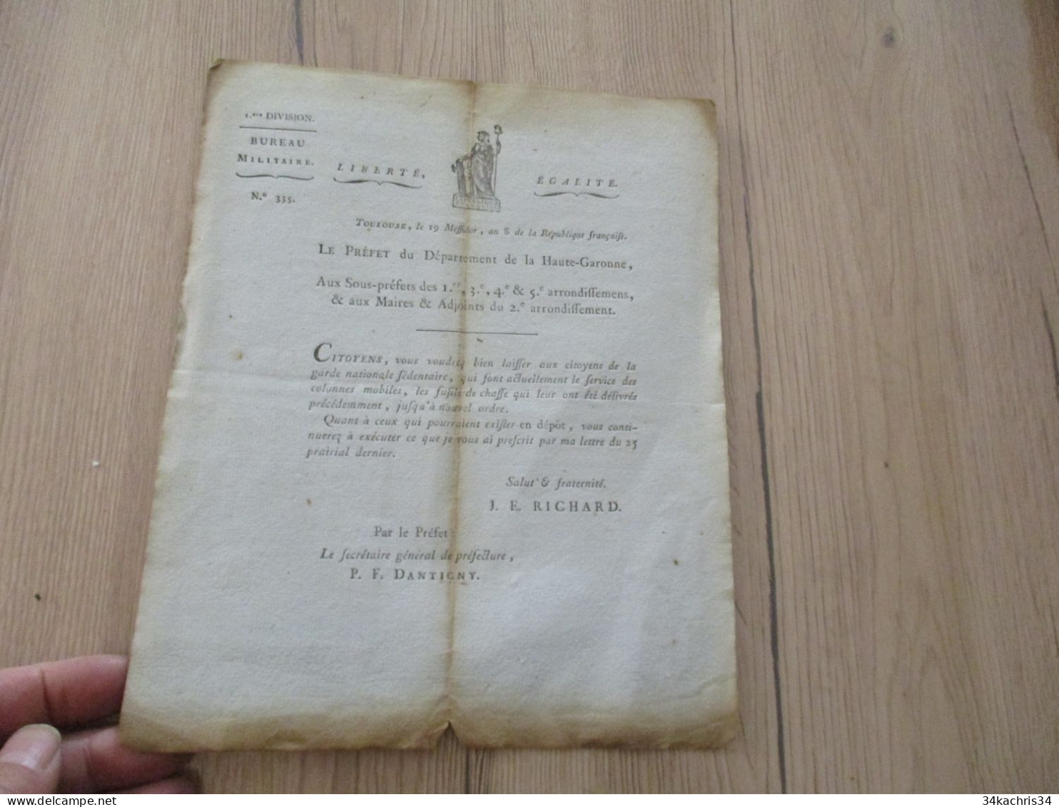 Révolution Pièce à En Tête Bureau Militaire Toulouse An 8 Richard Dantigny Réquisition Des Fusils De Chasse Récupérés à - Documents