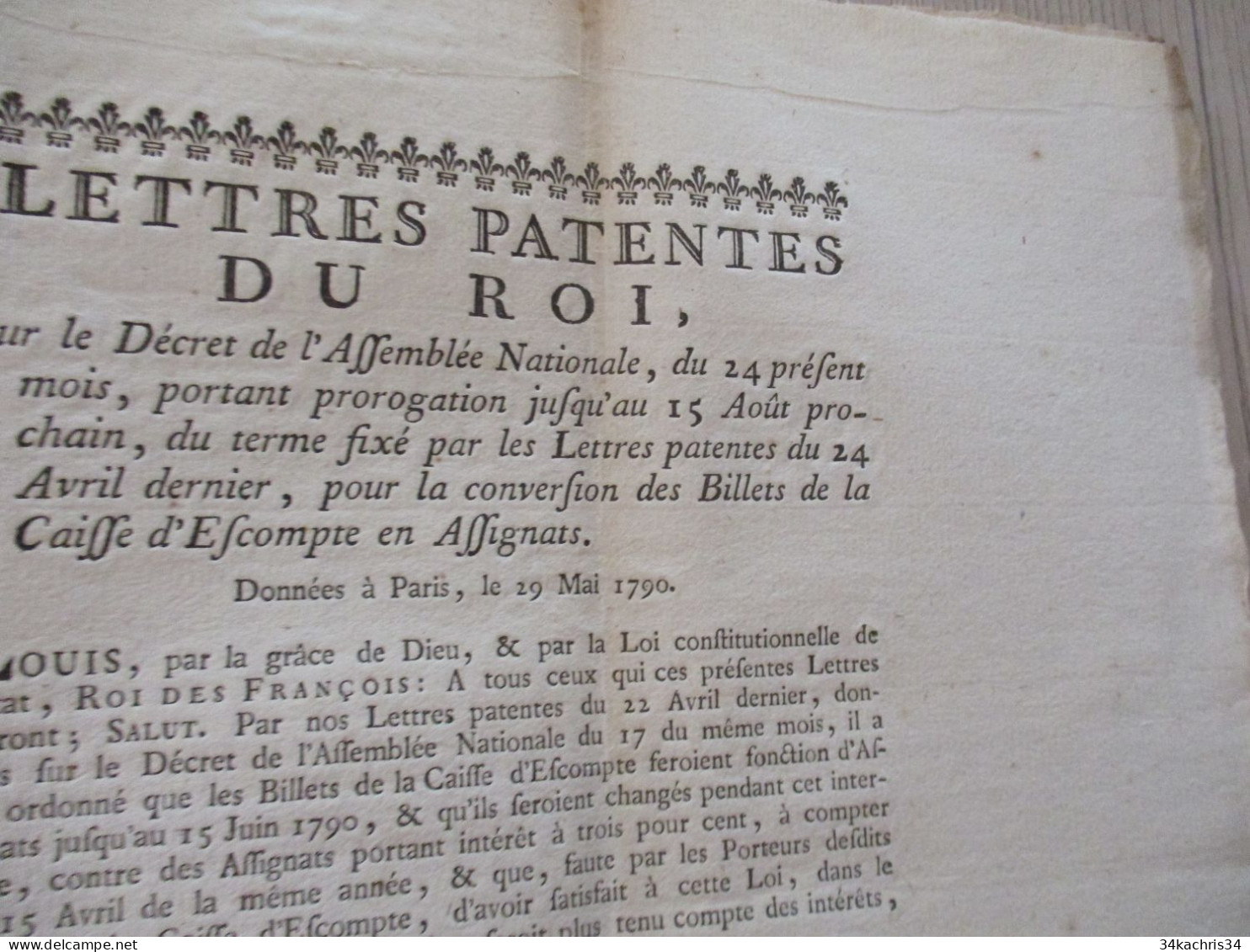 Lettres Patentes Du Roi 29/05/1790 à Quelques Mois De La Révolution Conversion Billets Caisse D'Escompte En Assignat - Wetten & Decreten