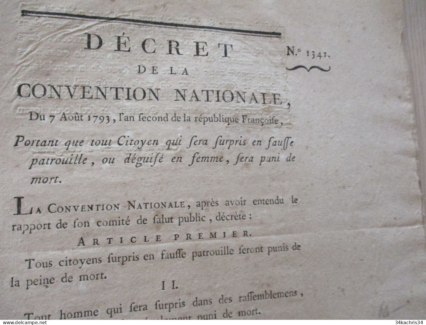 Révolution Décret Convention 07/08/1793 An 2 Peine De Mort Pour Les Hommes En Fausse Patrouille Et Déguisés En Femme - Wetten & Decreten
