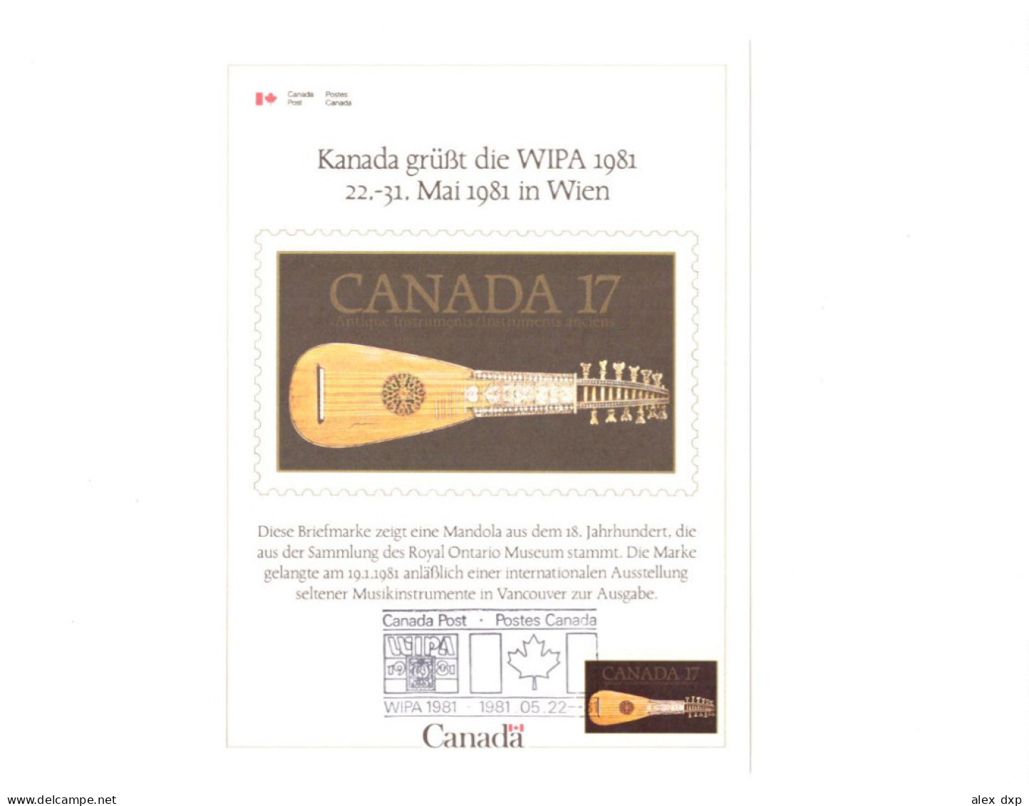 CANADA 1981 > STAMP EXHIBITION IN VIENNA (WIPA '81) > MAXIMUM CARD WITH 17c Sc#878, SPECIAL POSTMARK - Cartes-maximum (CM)