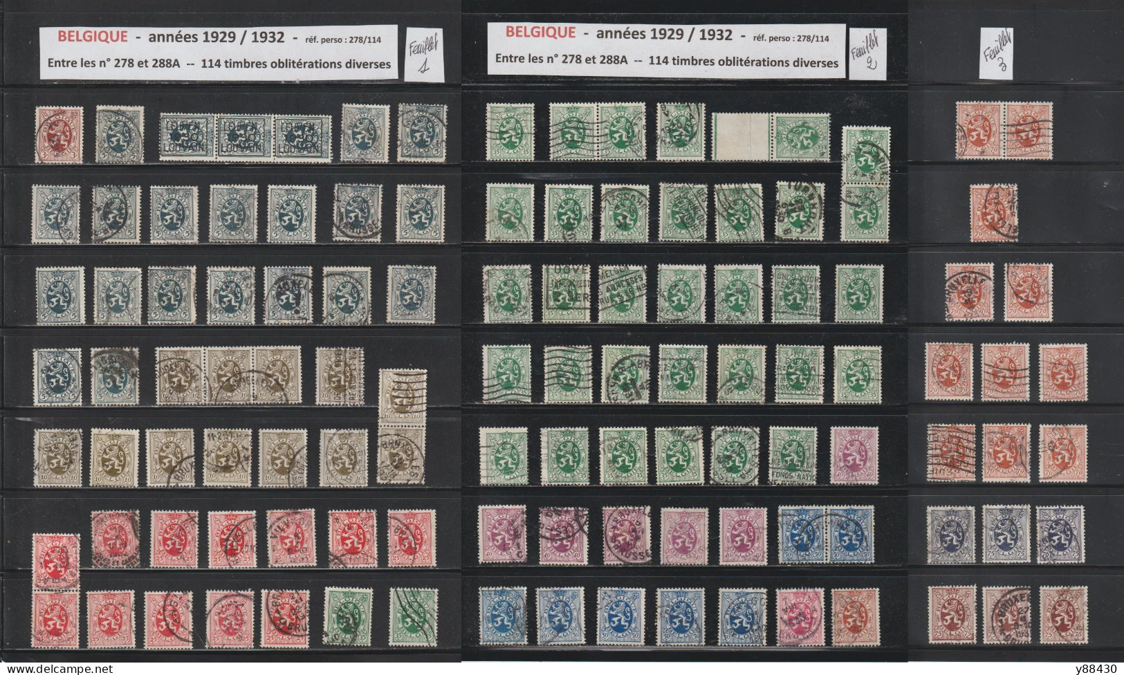 BELGIQUE - Entre Les N° 278 & 288A  De 1929 à 1932 - 114 Timbres En 3 Feuillets . Avec Diverses  Oblitérations - 8 Scan - 1929-1937 Leone Araldico