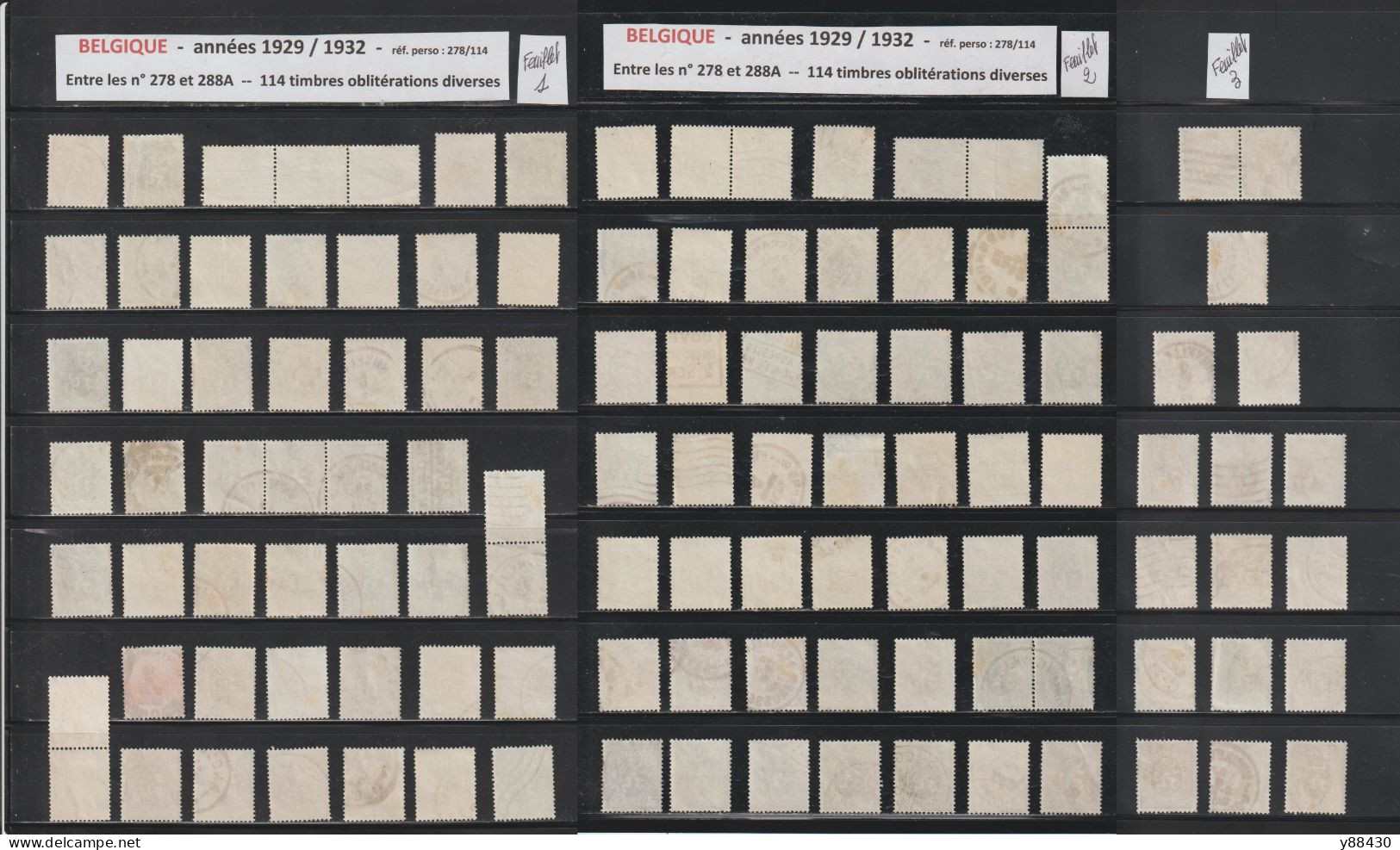 BELGIQUE - Entre Les N° 278 & 288A  De 1929 à 1932 - 114 Timbres En 3 Feuillets . Avec Diverses  Oblitérations - 8 Scan - 1929-1937 Leone Araldico