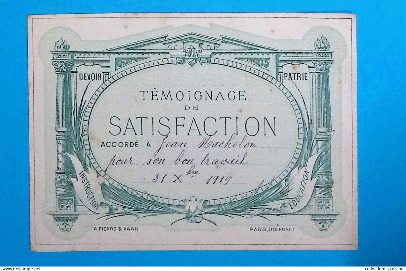 JC, Témoignage De Satisfaction, 1919, 145 X 105 Mm - Diplomi E Pagelle