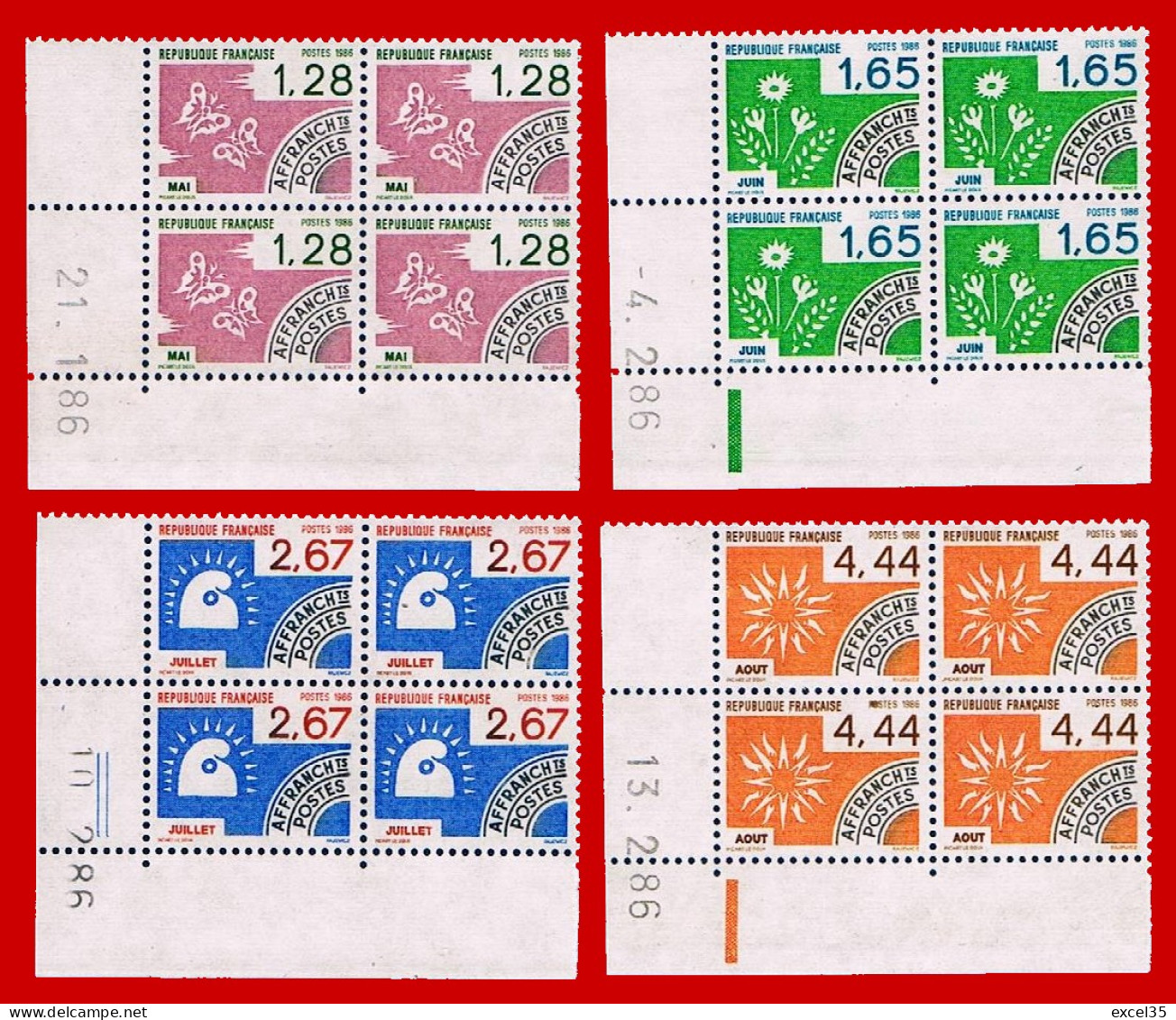  YVERT N° 190 à 193 PREOBLITERES 4 COIN DATES 1986 - SCAN RECTO-VERSO = SANSURPRISE - Prematasellados