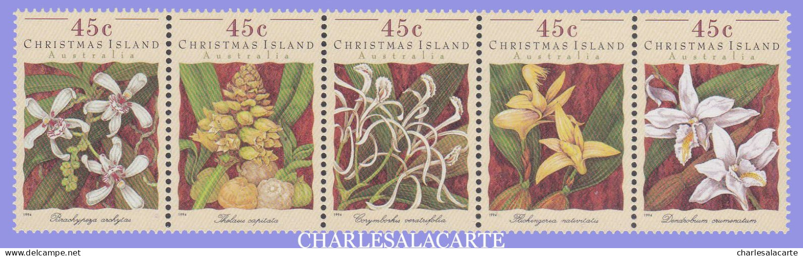CHRISTMAS ISLAND 1994  ORCHIDS  STRIP OF 5  SG 392-396  U.M. - Christmas Island