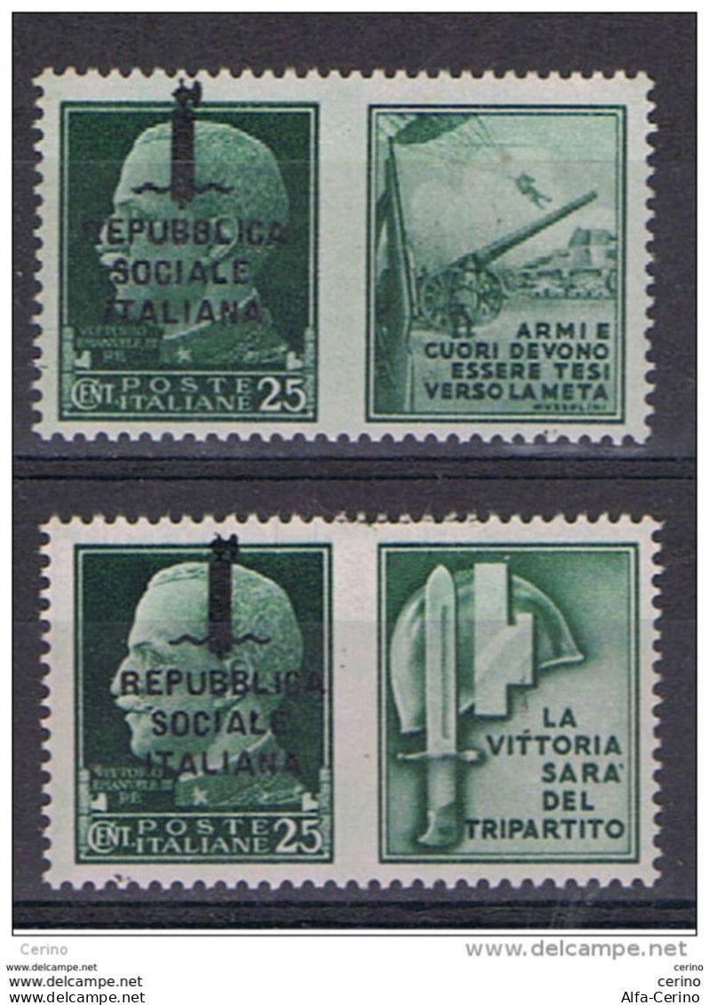 R.S.I.:  1944  PROPAGANDA  DI  GUERRA  -  25 C. VERDE  N. -  2  VALORI  -  SASS. 26 + 28 - Oorlogspropaganda