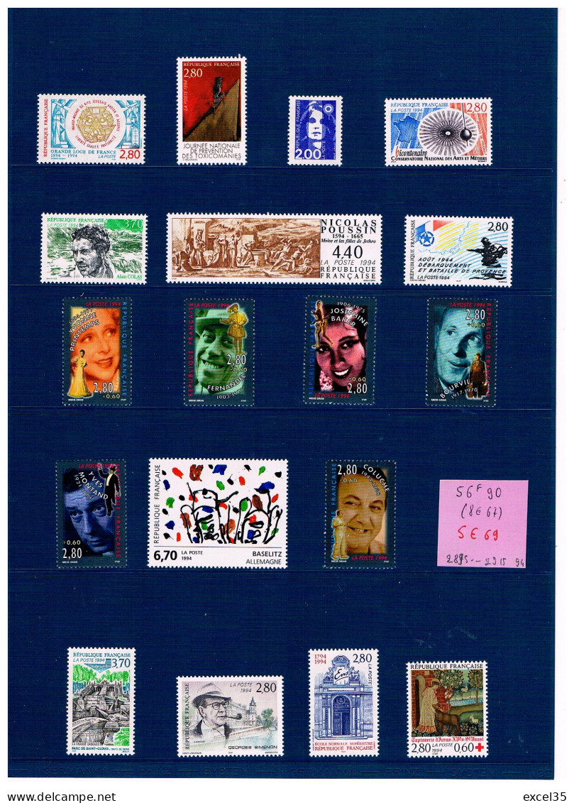 1994 - LOT De Timbres-poste N** / MNH YVERT Entre Les N° 2895 Et 2915 à 1 € Pour 10 Francs De Faciale Utile.  - 1990-1999