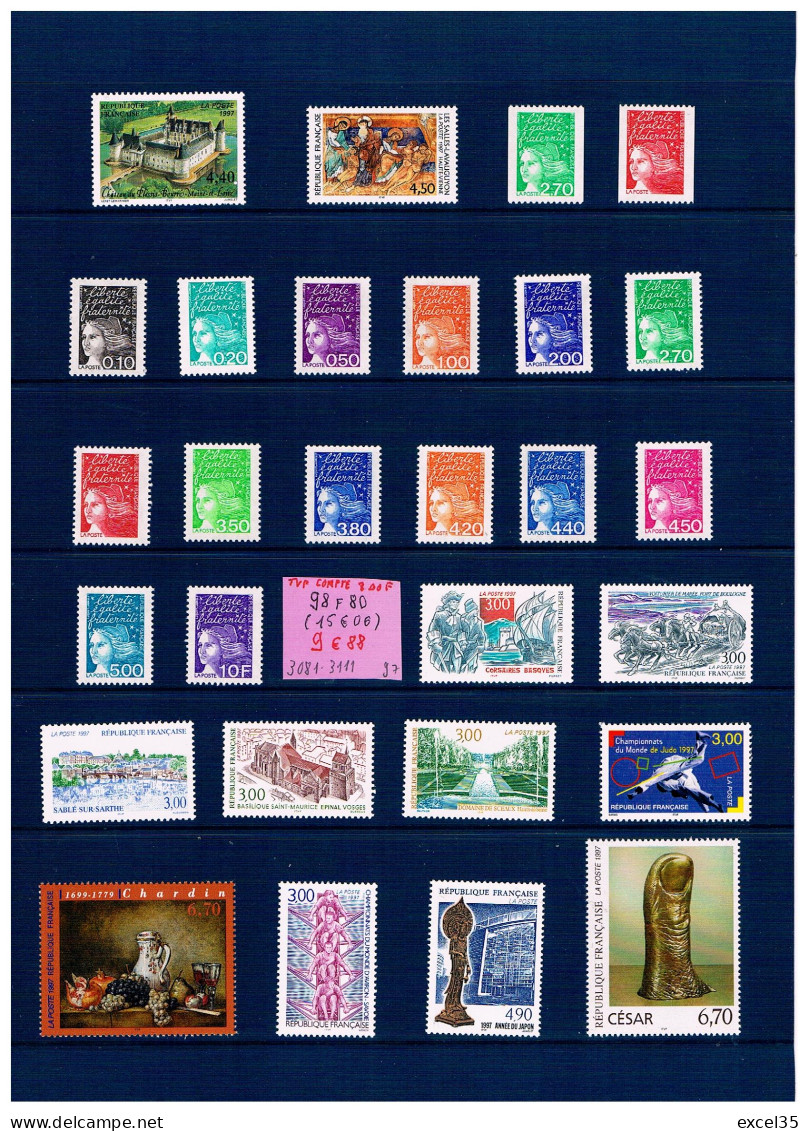 1997 - LOT De Timbres-poste N** / MNH YVERT Entre Les N° 3081 Et 3111 à 1 € Pour 10 Francs De Faciale Utile.  - 1990-1999