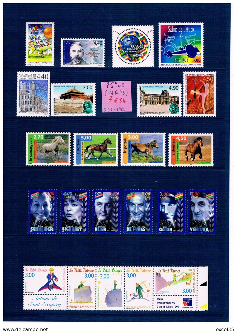 1998 - LOT De Timbres-poste N** / MNH YVERT Entre Les N° 3170 Et 3192 à 1 € Pour 10 Francs De Faciale Utile.  - 1990-1999