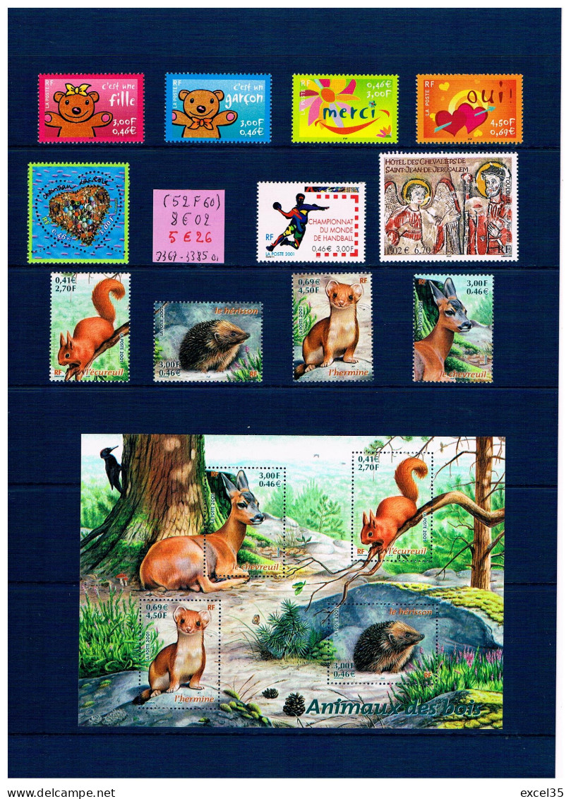 2001 - LOT De Timbres-poste N** / MNH YVERT Entre Les N° 3367 Et 3385 à 1 € Pour 10 Francs De Faciale Utile.  - 2000-2009