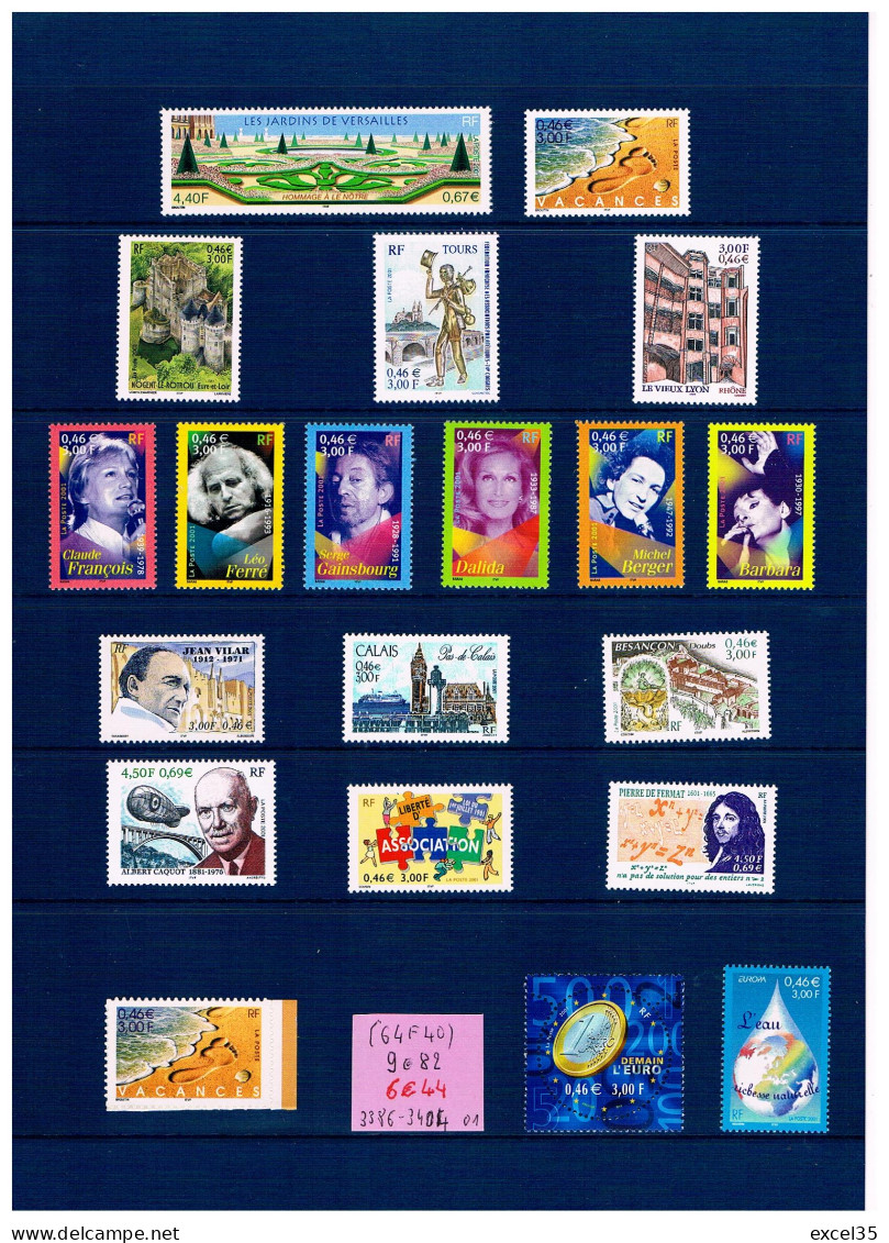 2001 - LOT De Timbres-poste N** / MNH YVERT Entre Les N° 3386 Et 3404 à 1 € Pour 10 Francs De Faciale Utile.  - 2000-2009