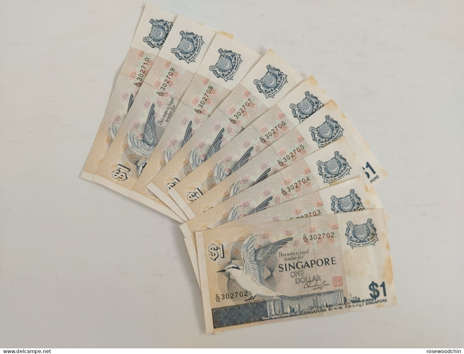 Vintage ! Set Of 9 Pcs. Running Number Singapore $1 Bird Series Old Banknote UNC (G/12-302702 To 302710) - Singapur