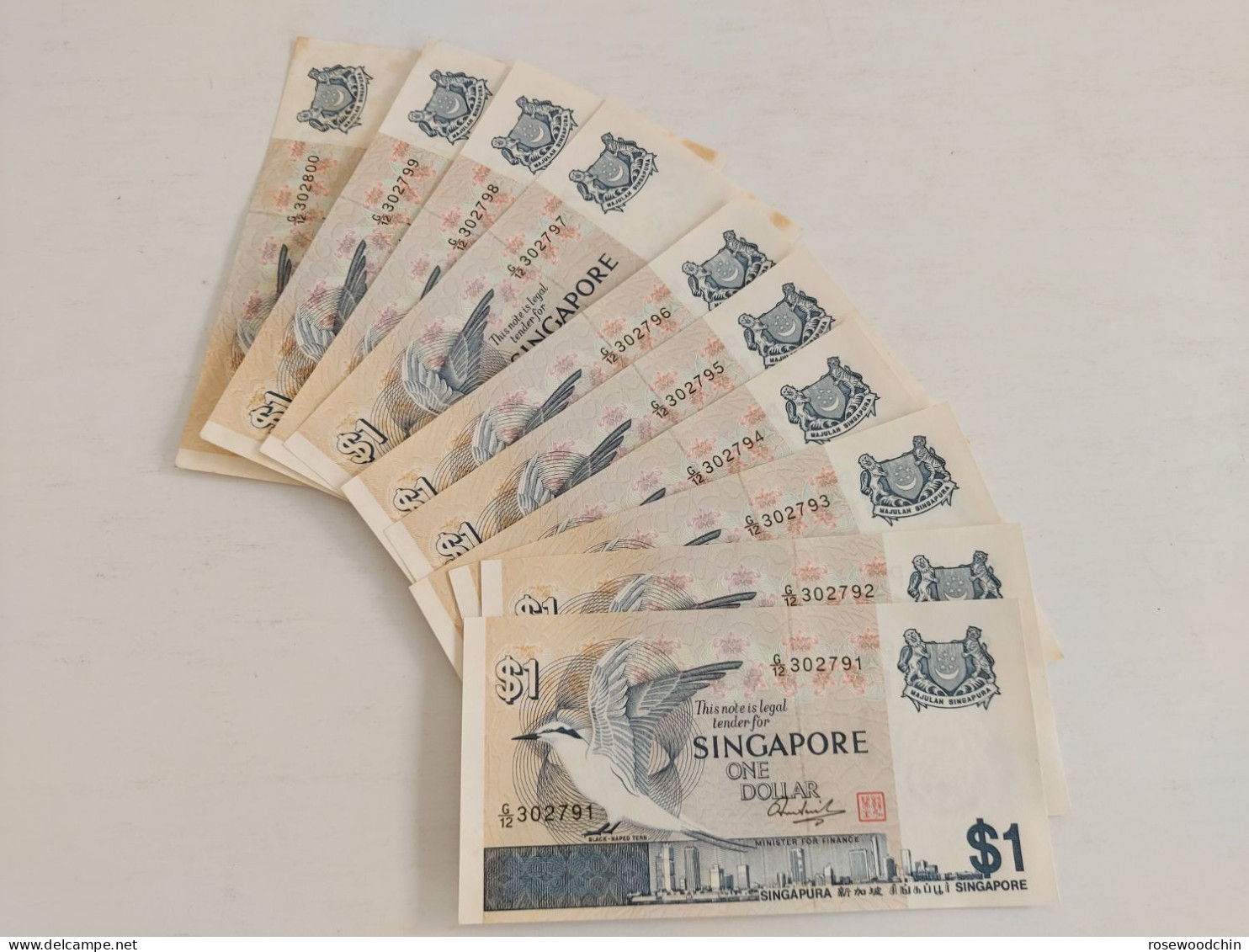 Vintage ! Set Of 10 Pcs. Running Number Singapore $1 Bird Series Old Banknote UNC (G/12-302791-302800) - Singapore