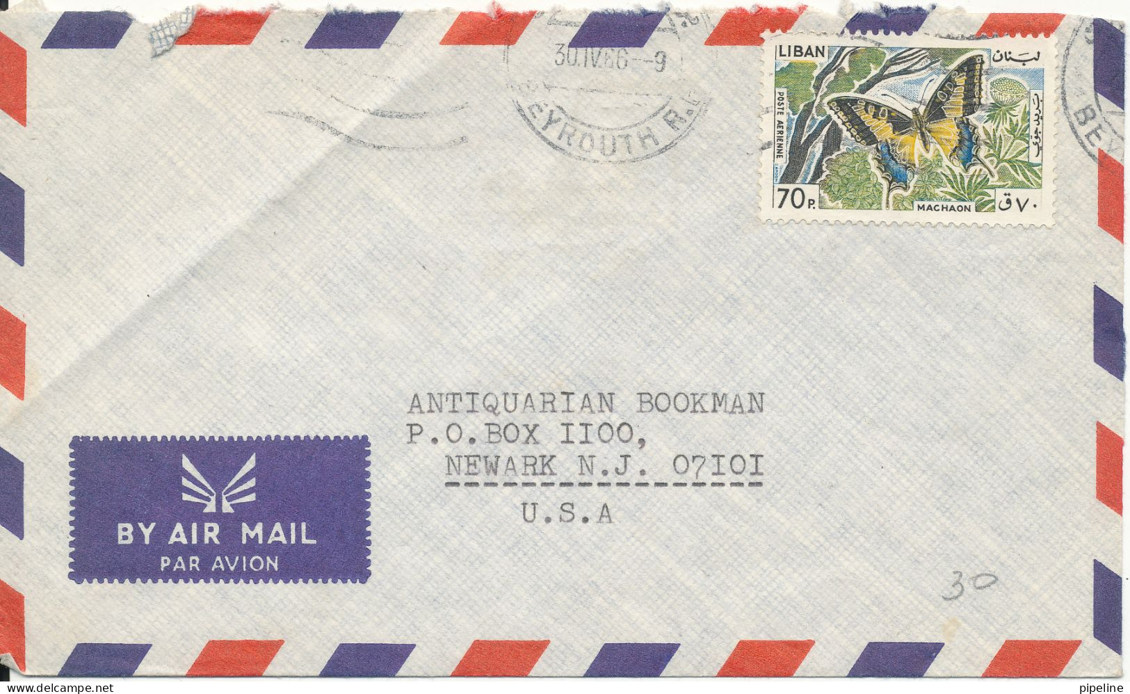 Lebanon Air Mail Cover Sent To USA 30-4-1966 Single Franked BUTTERFLY (folded Cover) - Lebanon