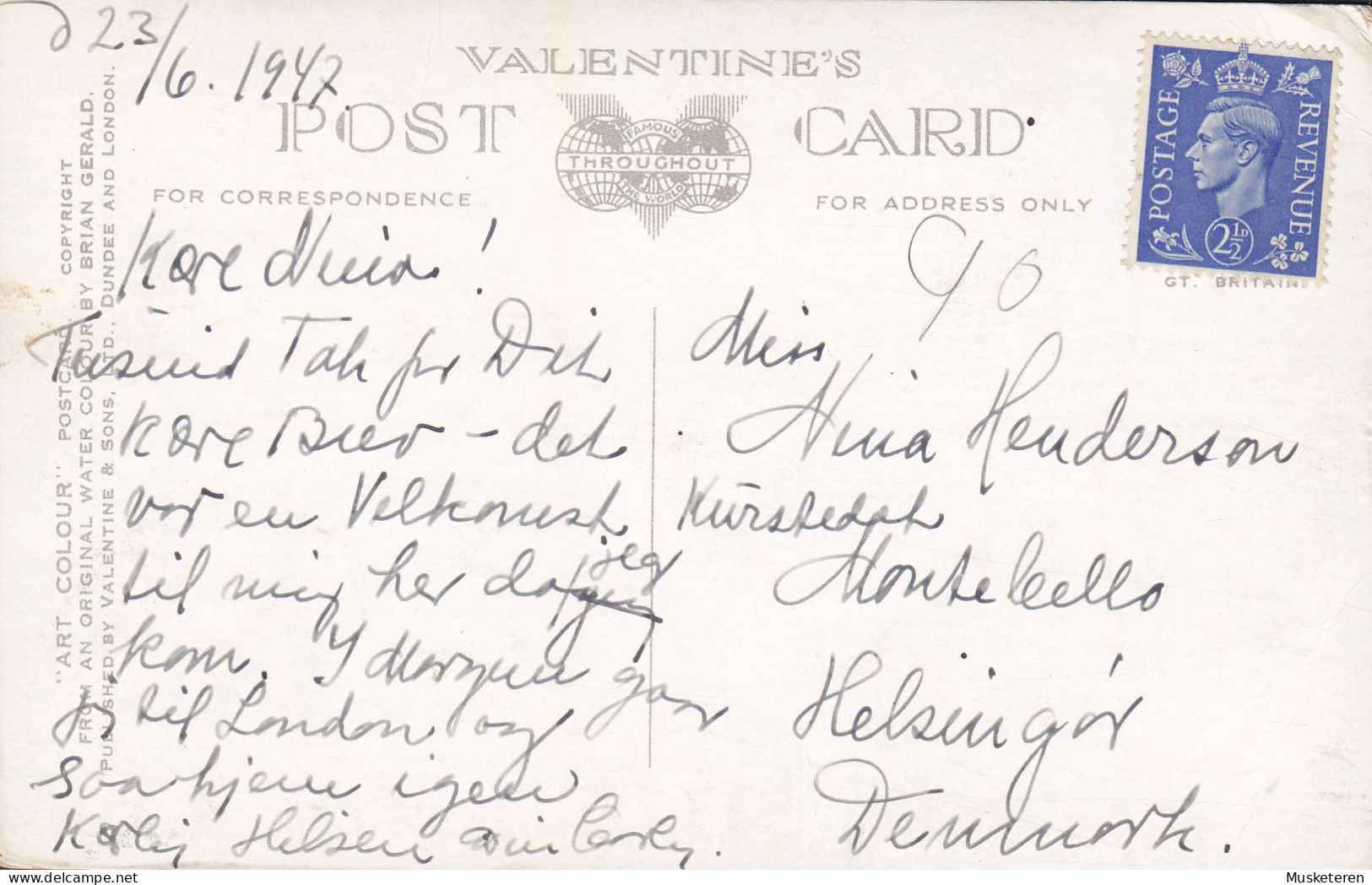 United Kingdom PPC Scotland Trossachs Hotel 'Art Colour' Valentine's 1947 HELSINGØR Denmark GVI. Uncancelled Stamp - Stirlingshire