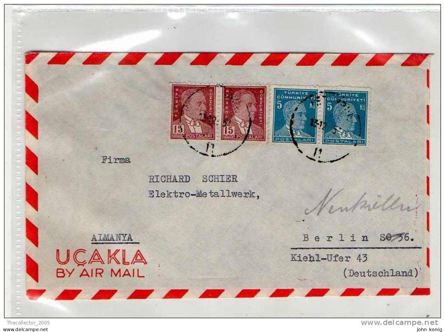 LETTERA ANNI '50 DA TURCHIA A GERMANIA (BERLINO) - LETTER (OF '50s) FROM TURKEY TO GERMANY-BERLIN - FDC