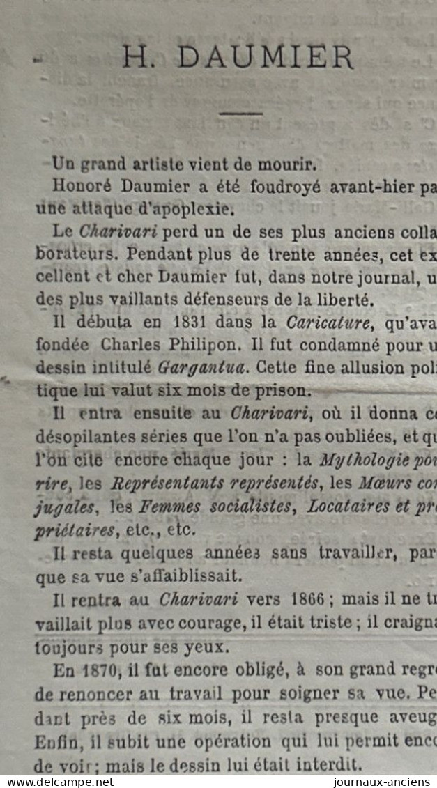 1879 POMPIERS - LES FIACRES CHAUFFÉS - ACTUALITÉS  Par CHAM - Mort D' Honoré DAUMIER - Journal LE CHARIVARI - Bomberos