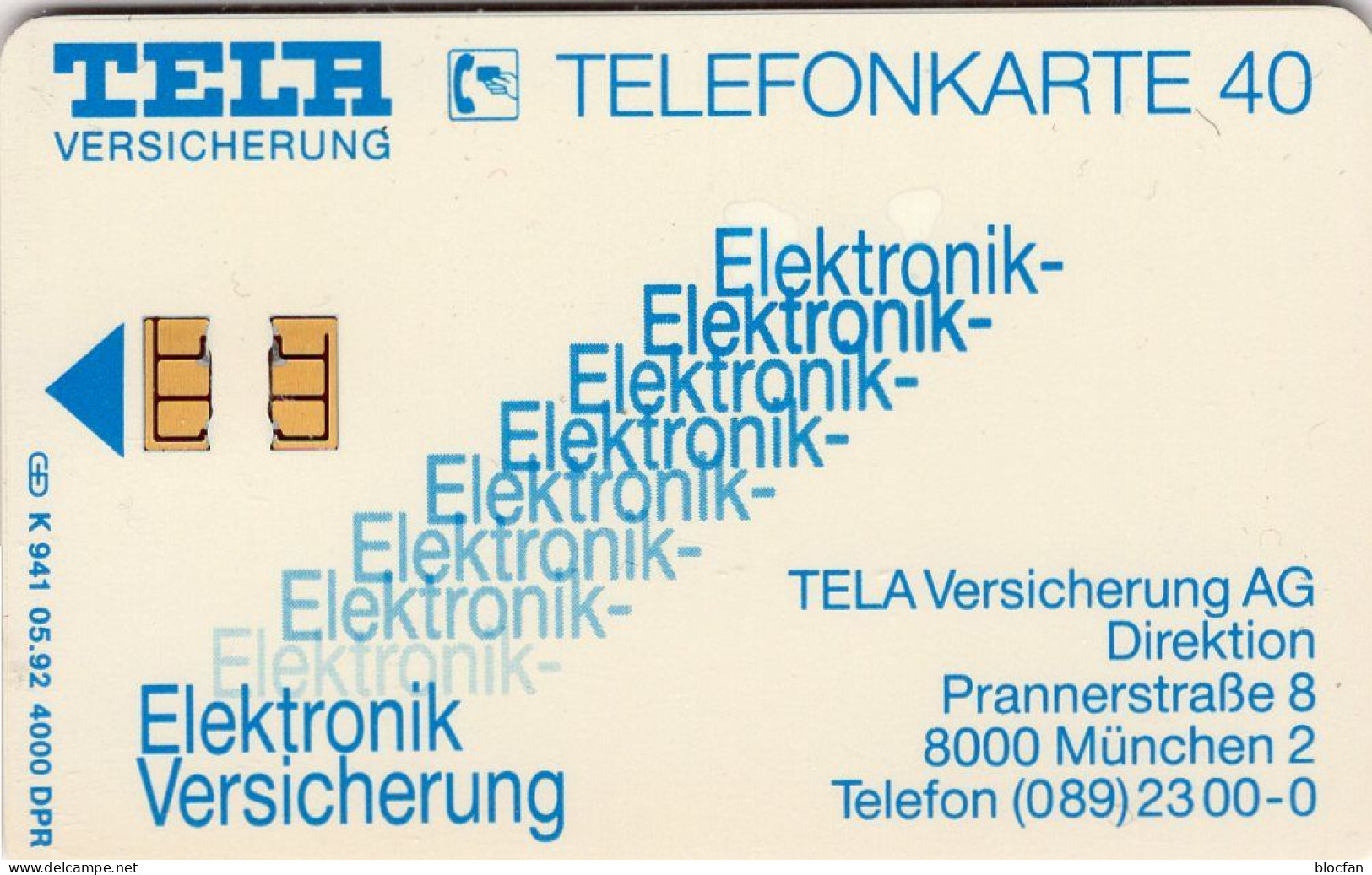 TELA Electronic TK K941/1991 O 30€ 4.000Expl.München Spezialist Sach- Betriebs-Versicherung TC Industry Telecard Germany - Advertising