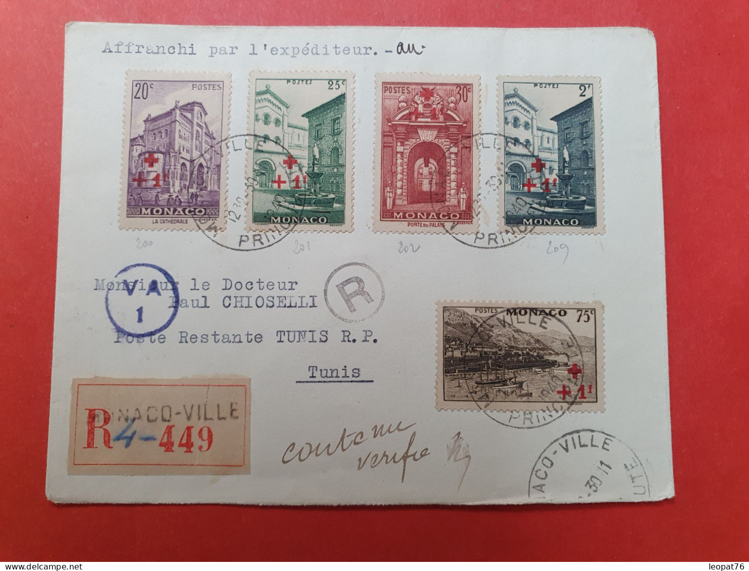 Monaco - Affranchissement Croix Rouge Sur Enveloppe En Recommandé Pour Tunis En 1940 Avec Cachet De Contrôle - D 4 - Lettres & Documents