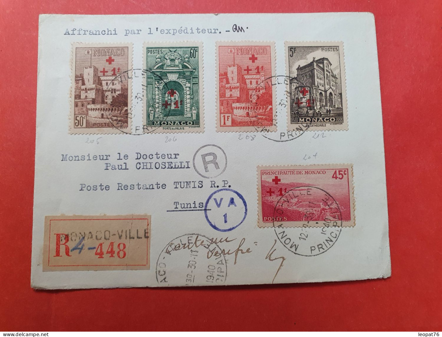 Monaco - Affranchissement Croix Rouge Sur Enveloppe En Recommandé Pour Tunis En 1940 Avec Cachet De Contrôle - D 5 - Briefe U. Dokumente