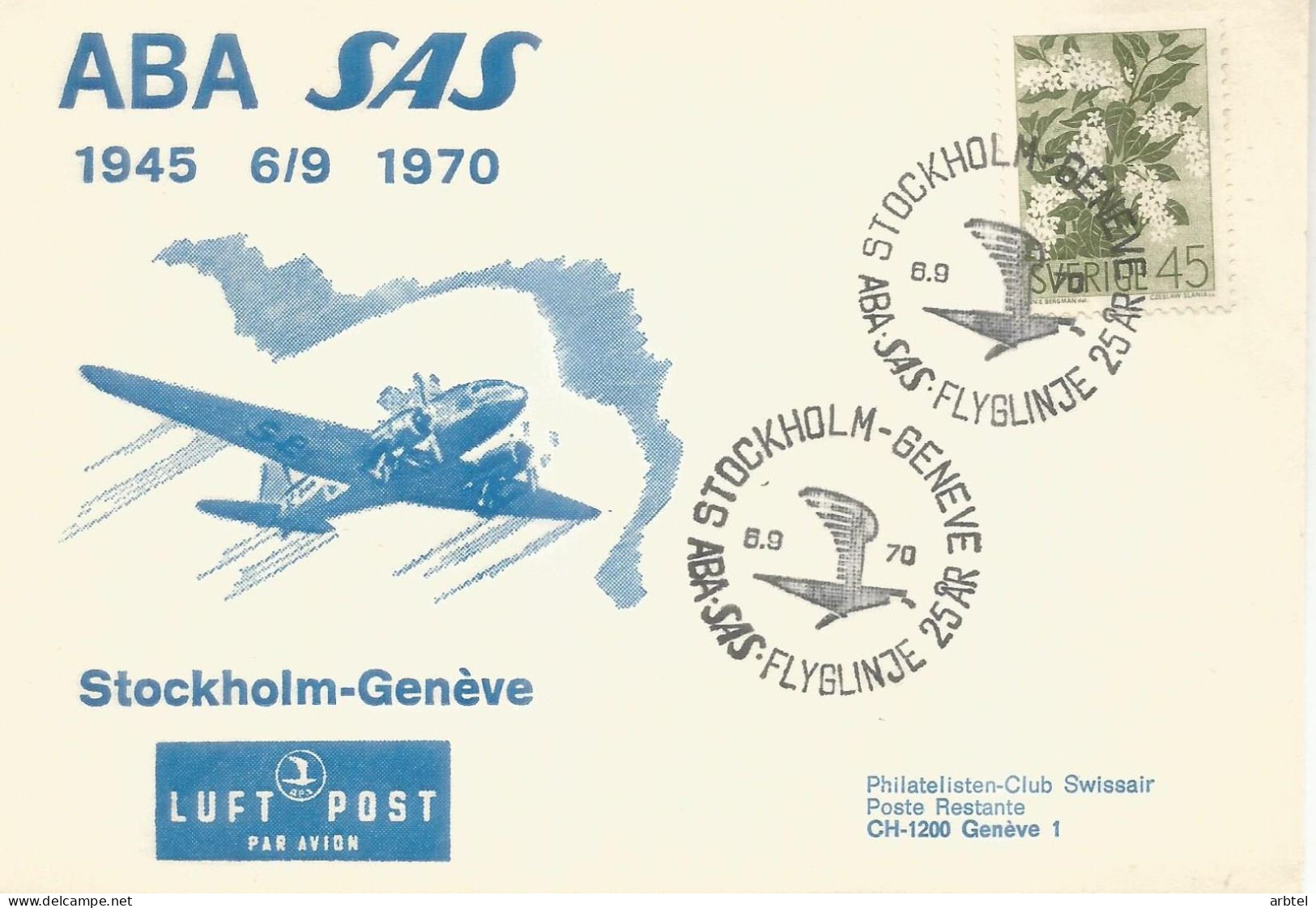 SUECIA CC PRIMER VUELO SAS STOCKHOLM GENEVE 1970 MAT AEROPORT GENEVE - Lettres & Documents